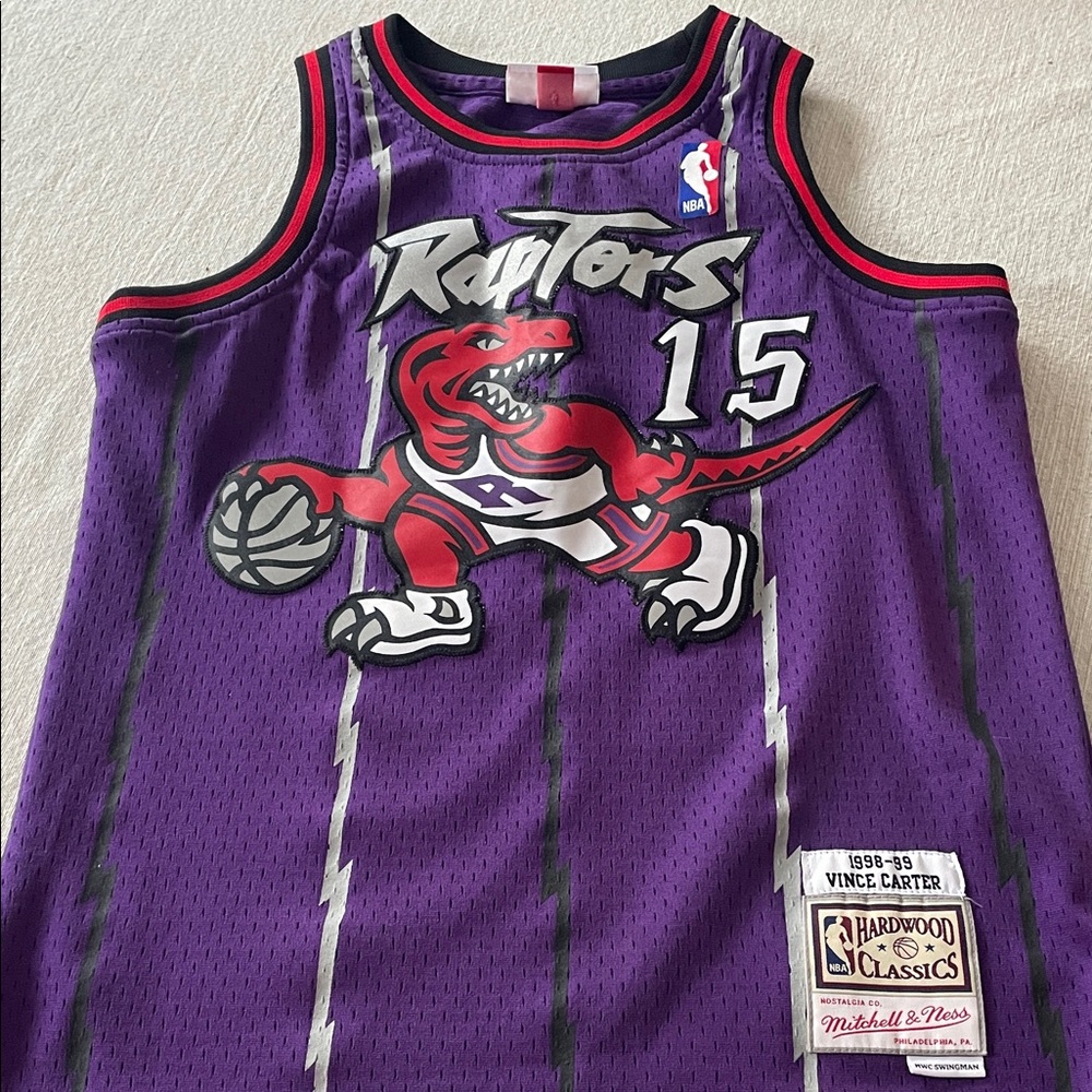 Mitchell & Ness Purple Raptors Jersey with Red Dinosaur